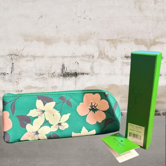 Kate Spade NWT Green Floral Pencil Case & Ink Pen Key Fob - Picture 2 of 3